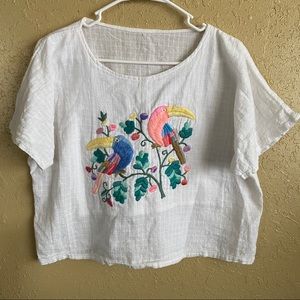 Hand embroidered tucan floral gauze shirt